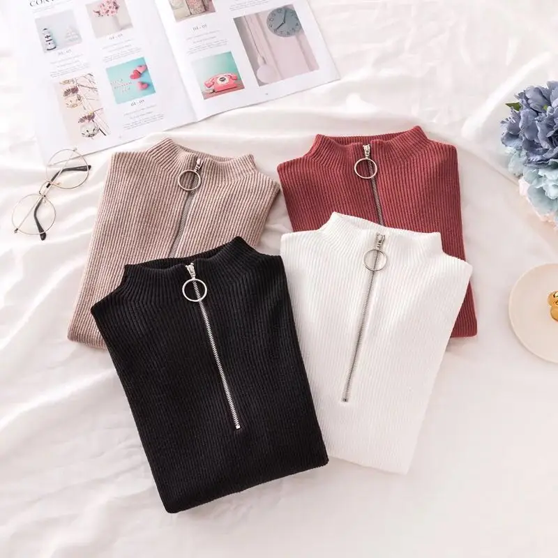 

Zipper Women's Turtleneck Sweater Women Pullovers Autumn 2019 Korean Fashion Fall Soft Knitted Sweaters High Elastic Solid Tops