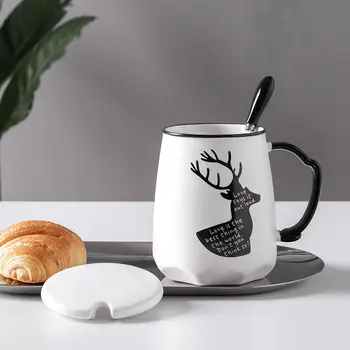 

Ceramic Cup with Lid Spoon Creative Mug Student Female Cup Household Milk Cup Set Coffee Mug Christmas Mug Travel Coffee Mug