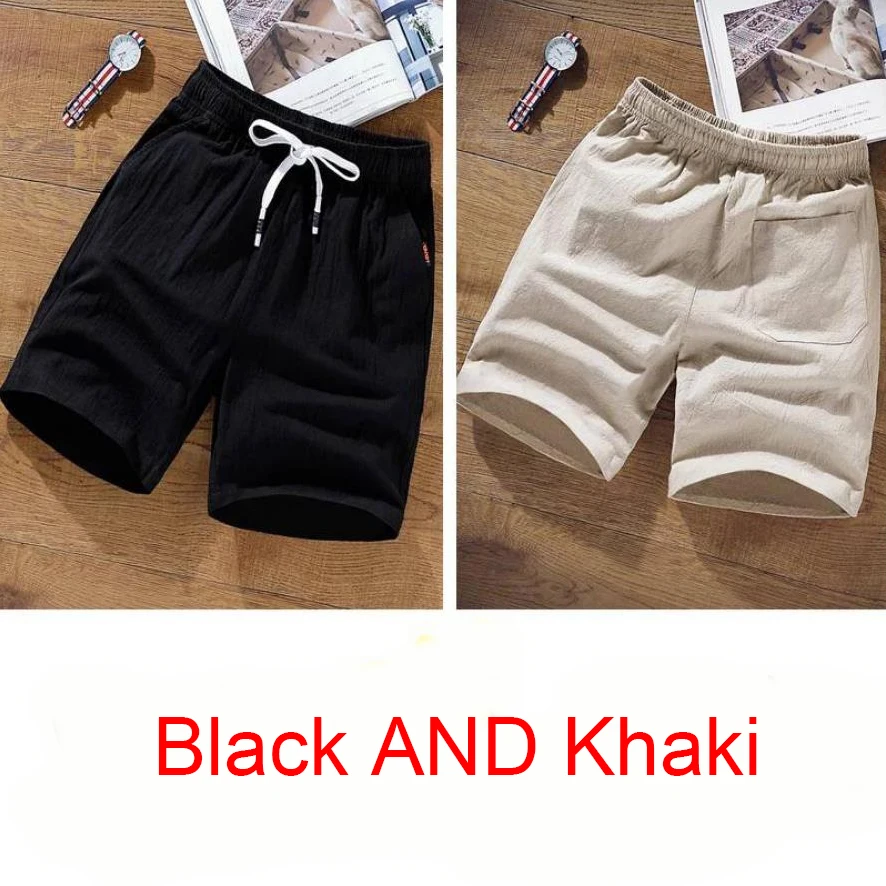 6XL 7XL 8XL 9XL летние льняные шорты мужские повседневные шорты для фитнеса пляжные шорты мужские дышащие хлопковые шорты для спортзала - Цвет: Black and Khaki