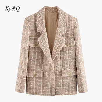 

High Quality Luxury Woven Plaid Fabric Long-sleeved Single-breasted Loose Coat Jacket 2019 Winter Lapel Women Luxury Outwear