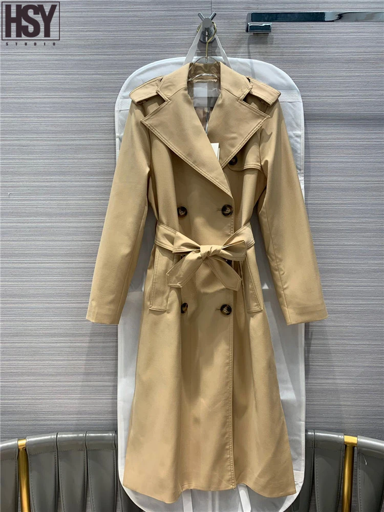

【HSY】2020 Spring New Women Windbreaker Pure Cotton Gabardine Classic Double Breasted Side Split Belt Khaki Mid Long Trench Coat