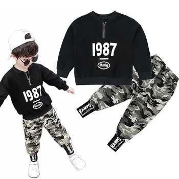 

Boys Fashion Clothing Set Black White Sweatshirt and Camo Trousers Kids Casual Street Wear Children Autumn Sweater Pants Hiphop