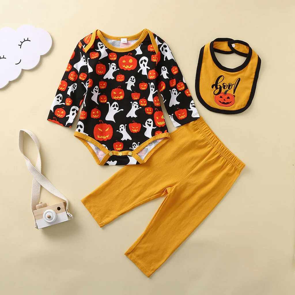 Newborn Infant Autumn Baby Clothes Boy Girl Pumpkin Romper Pants Bib Halloween 3pcs Children's Sets Outfits Set For 0-24m | Детская