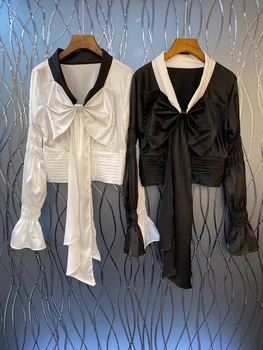 

2020 Early Autumn New Women's Neckline Color Selvage Bow Ribbon Horn Long-Sleeved Shirt 803
