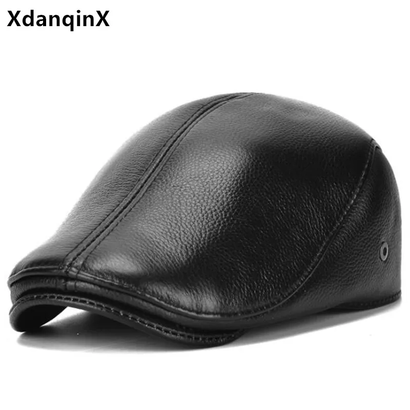 Autumn Winter Men's Genuine Leather Cap Cowhide Berets Warm Earmuff Hats Snapback Caps Middle