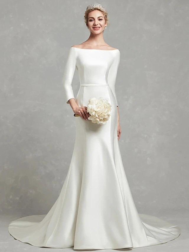 

Simple Mermaid Bride Wedding Dress With Buttons 2024 Bateau Neck Court Train Satin Romantic Bridal Gowns Robe De Mariee