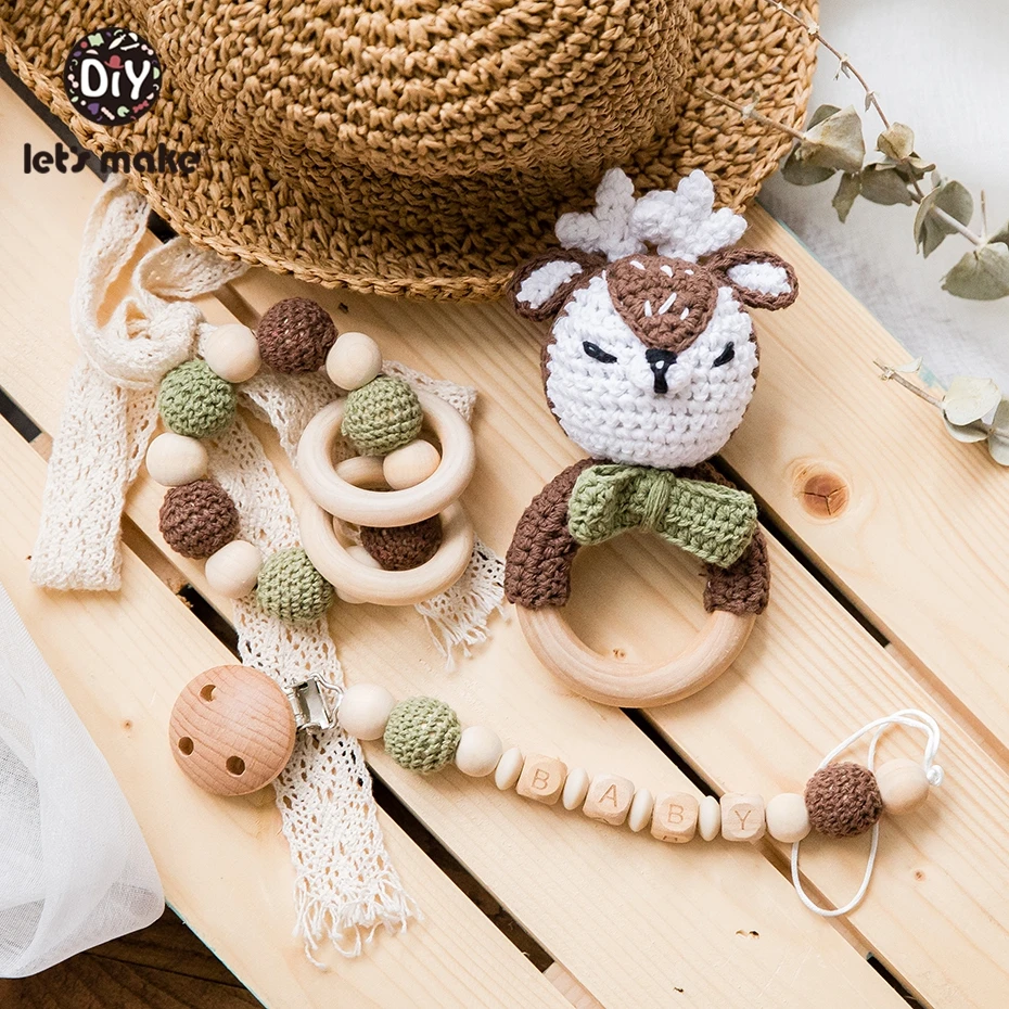 Let's Make Food Grade Silicone Wooden Teether Baby Pacifier Chain Pram Crib DIY Customized Soother Baby Teether Rattle Set Toys