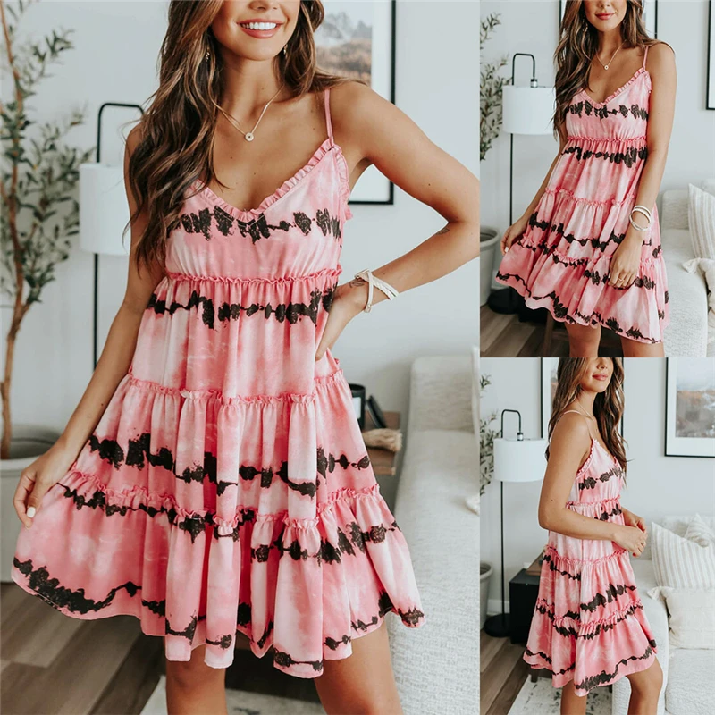 Plus Size Women Print Dress 2021 Summer Beach Style Ruffles Mini Dress