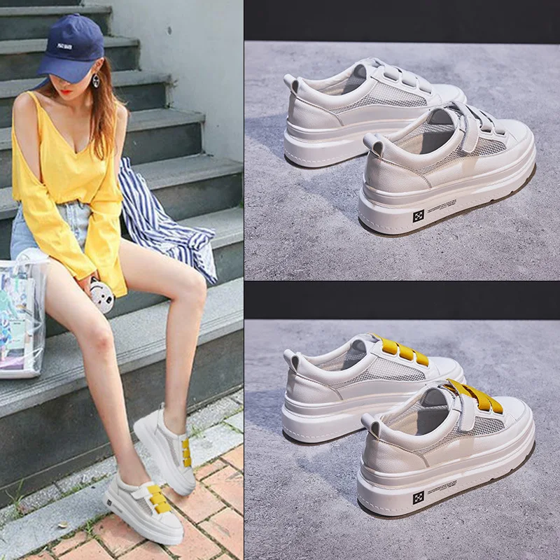 

Thick Bottomed Velcro Shoes White Women's 2019 Summer INS Fashion Mesh Breathable Versatile WOMEN'S Shoes Extra High Low Top Sne