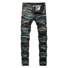 Джинсы новые роскошные мотоциклетные джинсы мужские рваные потертые прямые брендовые дизайнерские Джинсовые брюки Всесезонные брюки