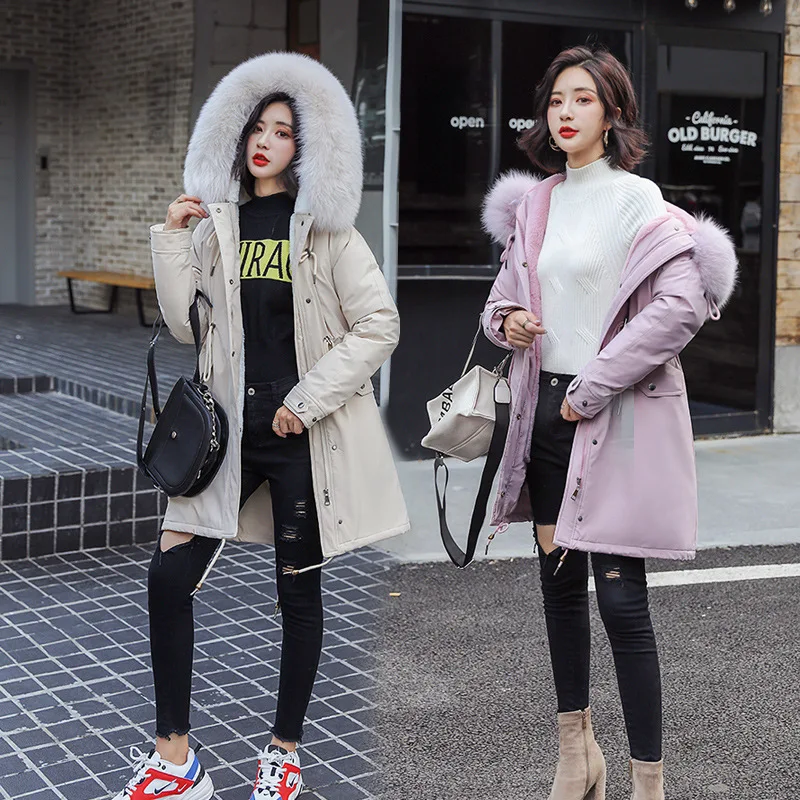 

2019 Winter Korean-style Thick Coat Large Size Hooded Mid-length Cotton Coat High Imitation Dehaired Angora Wool Coat Cotton-pad