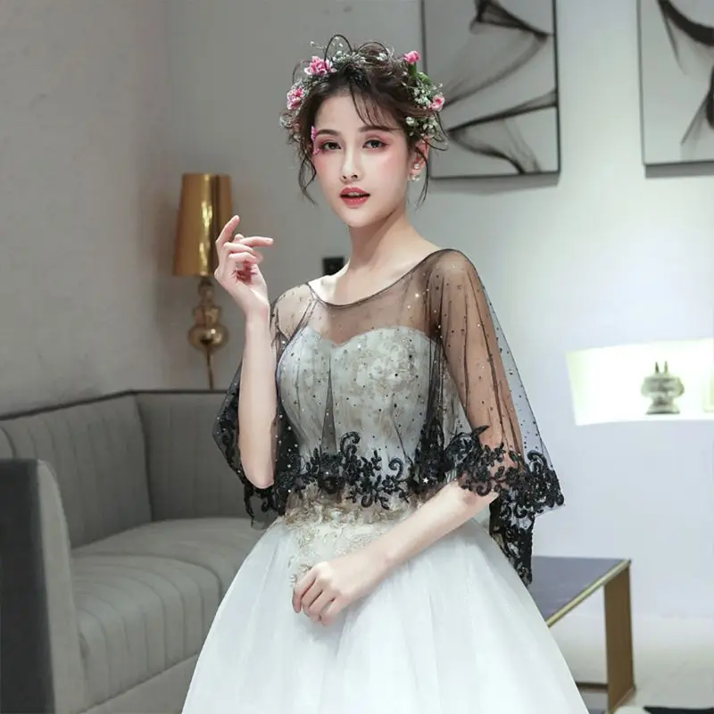 Women Retro Wedding Cape Sheer Black Tulle Embroidery Floral Lace Hem Bridal Capelet Bolero Glitter Moon Star Sequins Shrug Wrap