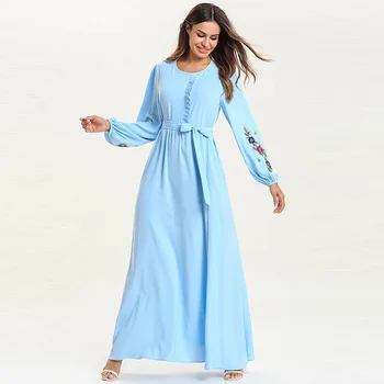 

Muslim fashion long-sleeved crease embroidered patch belt lady temperament dress Middle Eastern Arab prayer conservative dress