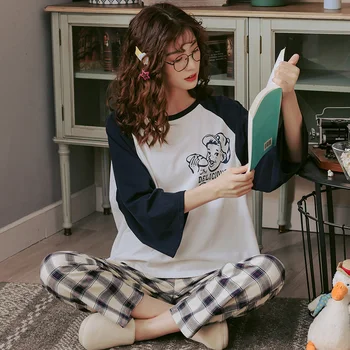 

Women's pajama set O neck short sleeve casual top long pant set thin summer soft cotton plus size night suit home wear