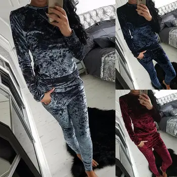 

Sporty Women Solid Color Velvet Tracksuit Long Sleeve O Neck Top Skinny Pants
