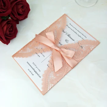 

Elegant Wedding Party Invitations Shiny Laser Cut Quinceanera Invitation with Ribbon Custom Bridal Shower Invites 50PC Free Ship