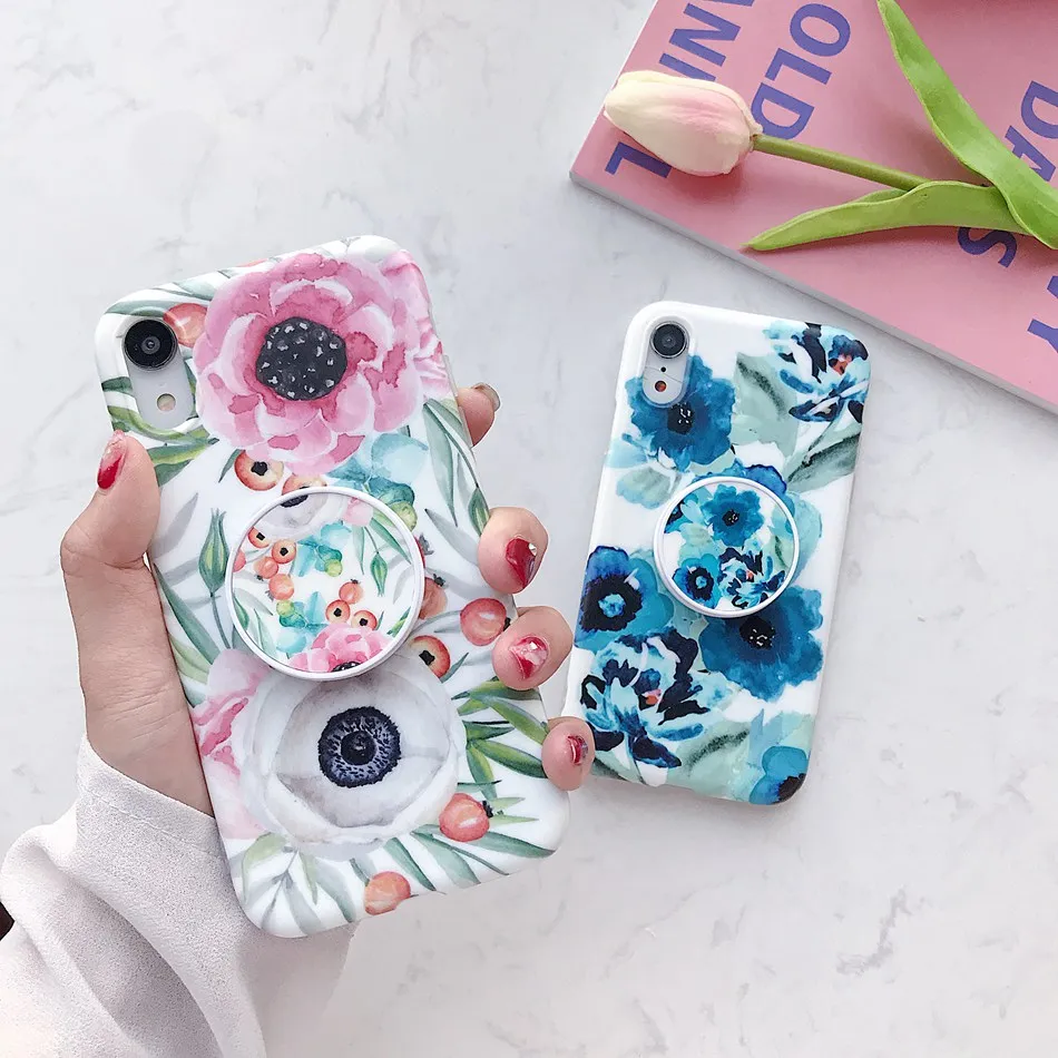 

For iPhone XR 11 Pro X XS Max Case Water Painting Flower Folding Bracket Holder Cover For iPhone 7 6 6s 8 Plus Soft TPU Coque