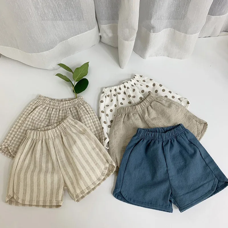 100% Cotton Kids Shorts Summer Korean Style Thin Boys And Girls Baby Casual Dot Plaid Short Pants Children's Clothing WTP36