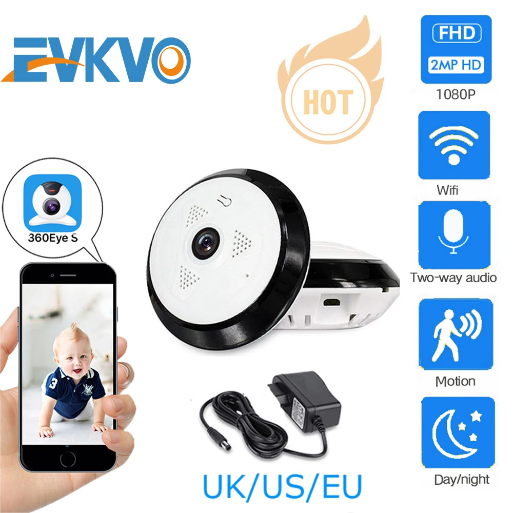 

EVKVO HD FishEye IP camera 1080P 360 degree Full View Mini CCTV Camera 2MP Network Home Security WiFi VR Camera Panoramic IR Cam