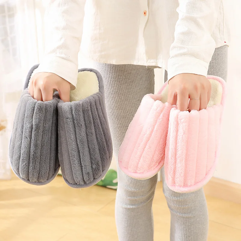 

Imitation Rabbit Fur Vertical Striped Couples Plush Slipper Indoor Home Slippers Men's Women's Anti-slip plus Velvet Floor Cotto