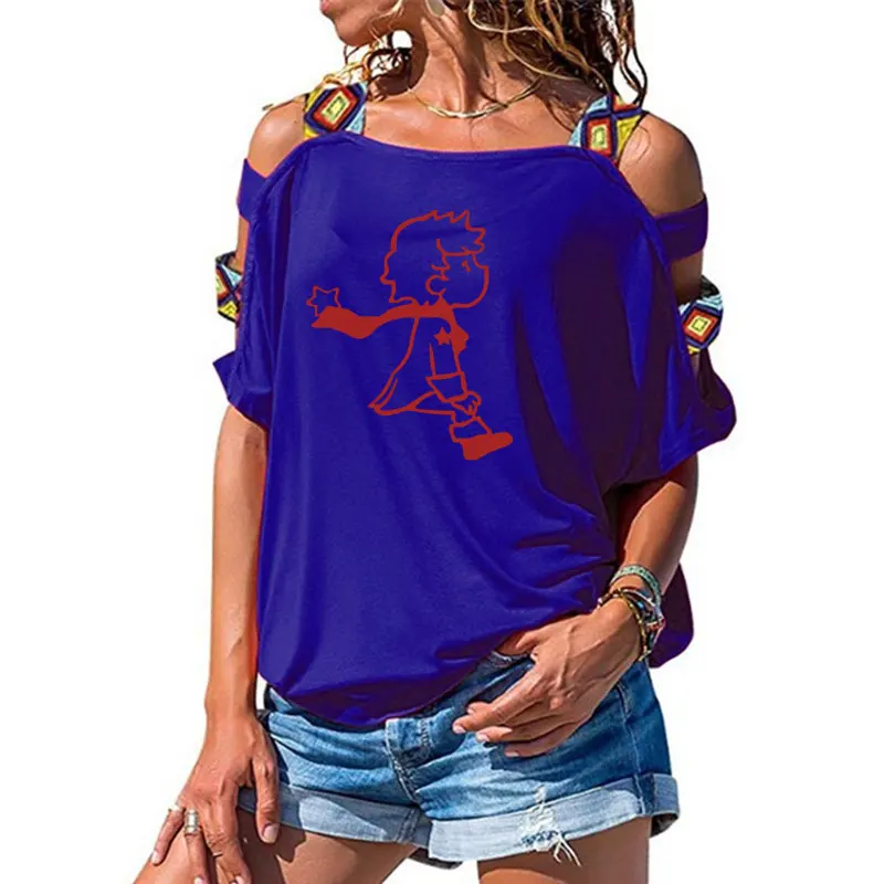Женская футболка с коротким рукавом и милым маленьким принцем, летняя модная одежда, Женская Сексуальная футболка с открытыми плечами - Цвет: 11