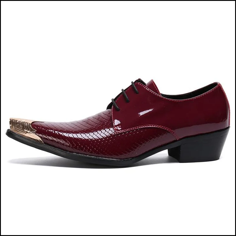 Alligator Pattern High Heels Man Formal Dress Party Shoes Patent Leather Oxfords Metal Toe Derby Men's Wedding Flats SL678