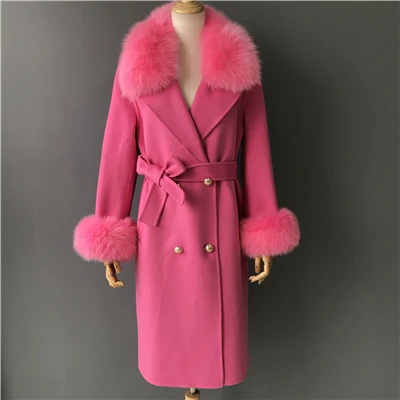 Women's Wool Coat Spring Real Fox Fur Collar Woolen Jacket Adjustable Waist Slim Ladies Long Overcoat - Цвет: Rose