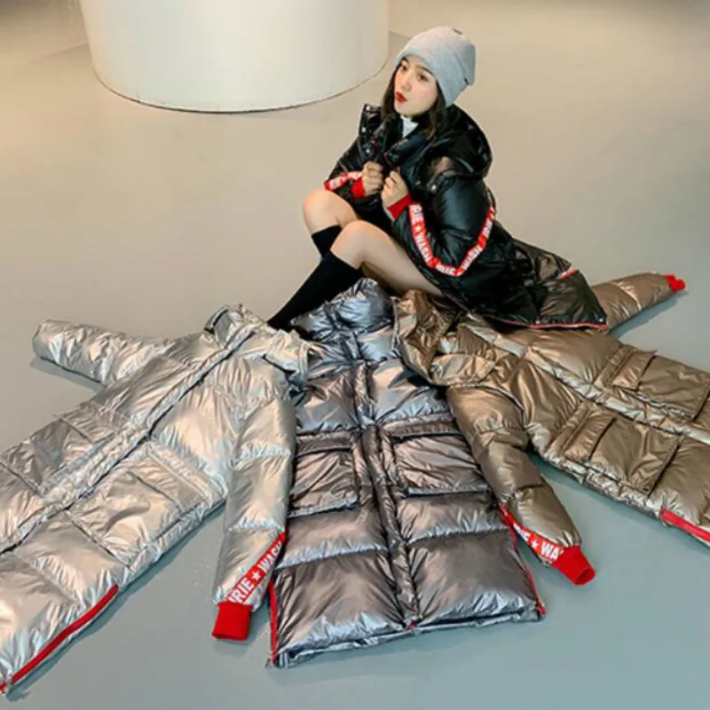 Fashion Women Winter Jacket Hooded Down Cotton Padded Parkas Long Coat Female Sliver Glossy Thick Warm Snow Overcoat S353