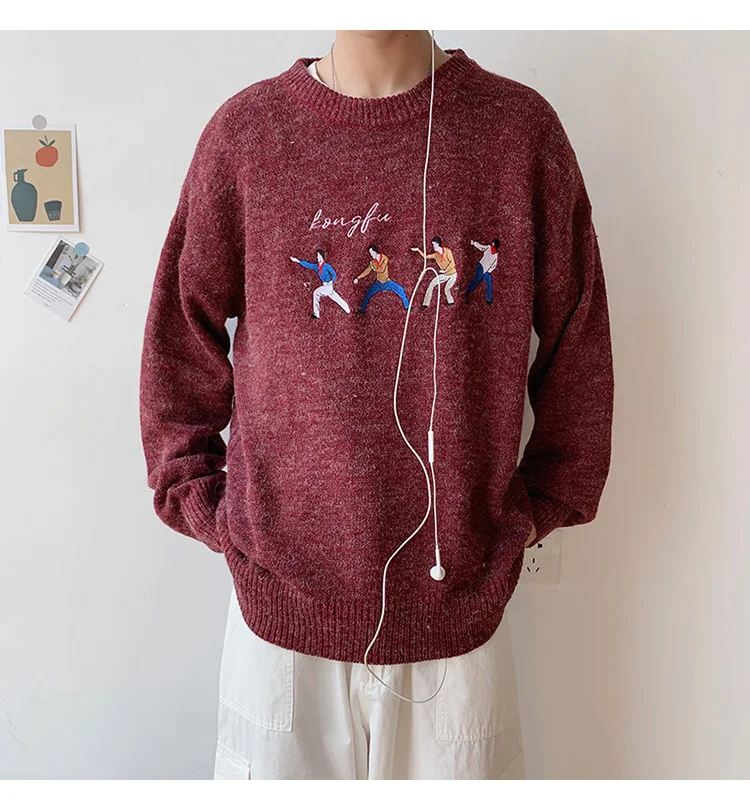 Autumn New Cartoon Men's Sweater Ins Hong Kong Sweaters Long Sleeve O-neck Korean Loose Thick Male Sweaters Sueter De Hombre