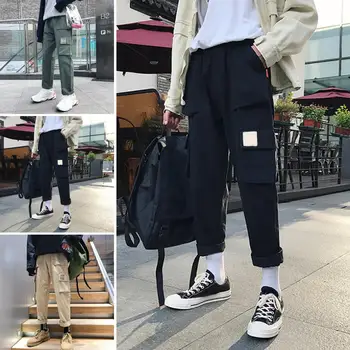 

Casual Men Solid Color Multi Pockets Loose Straight Trousers Cotton Cargo Pants Male Spring Streetwear Overalls Sweatpants