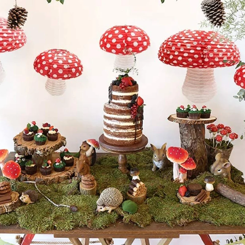 3Pcs Mushroom Shaped Paper Lanterns for Forest Jungle Wonderland Theme Birthday Party Decor Hanging 3D Mushroom Ornament 