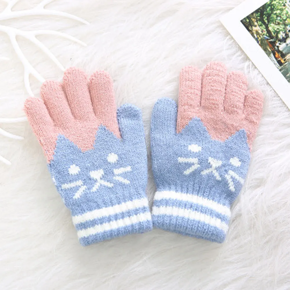 Популярные милые перчатки с котом для детей; зимние теплые перчатки для мальчиков и девочек; вязаные перчатки