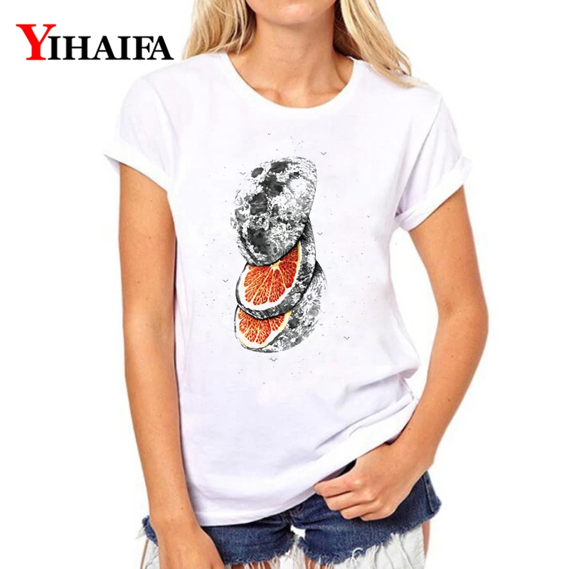 

YIHAIFA New Casual suit gym Women T-shirt Orange Print Graphics Tee Funny Short sleeve Pullover White T Shirts Tops