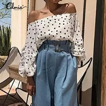 

2020 Celmia Women Long Sleeve Blouse Sexy Off Shoulder Shirt Casual Polka Dot Print Top Plus Size Ladies Elegant Blusas Feminina