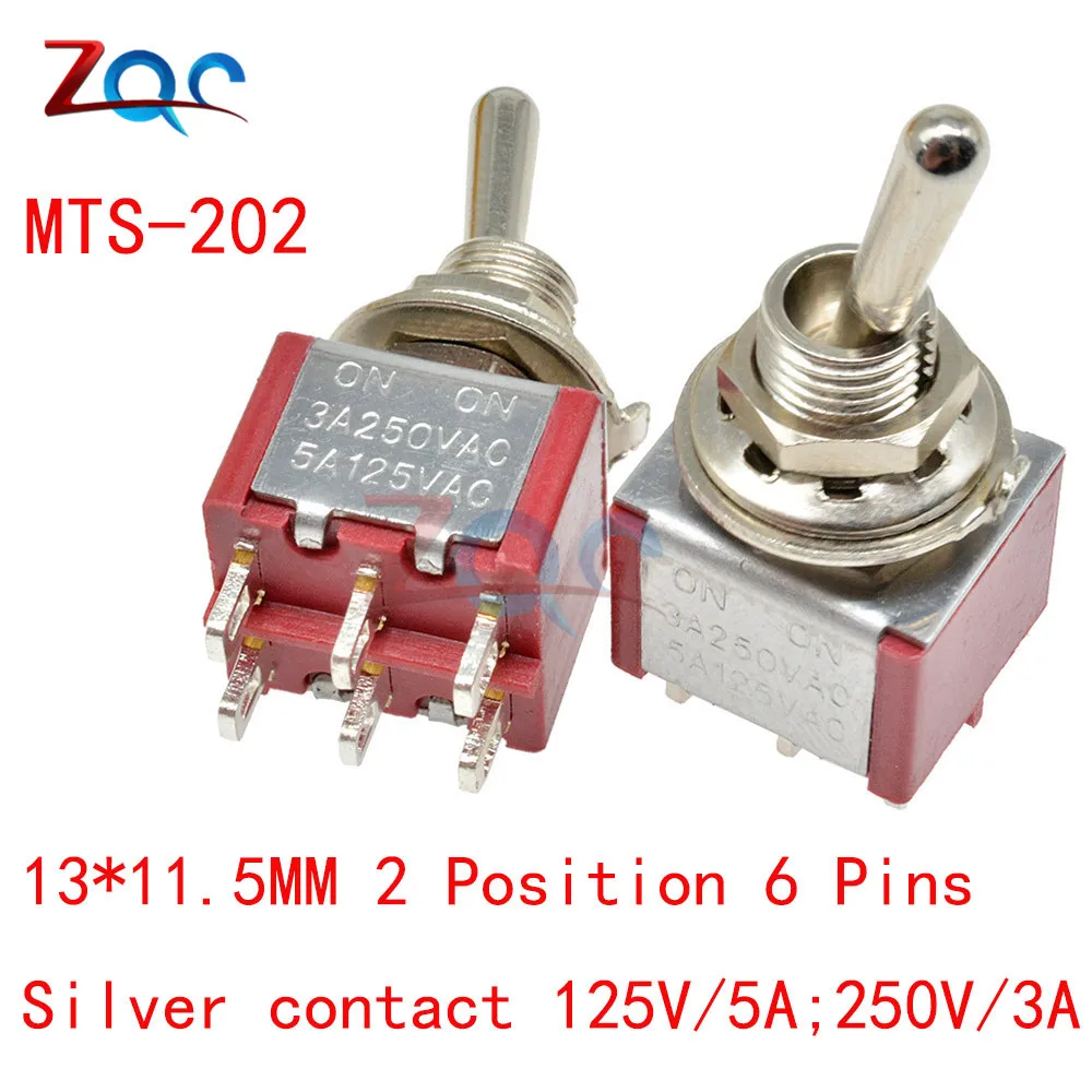 5 шт. Мини авто MTS-202 тумблер 6 контактов 2 положения защелкивая SPDT DPDT MTS202 ON-ON 125VAC 6A/5A 250VAC 3A 1/4 дюймов Монтаж