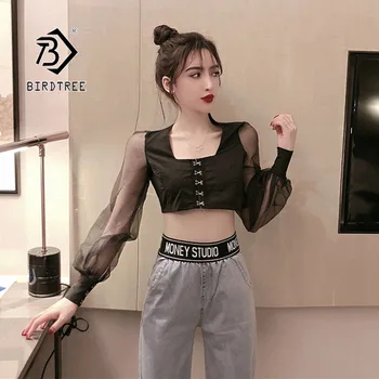 

2019 Autumn New Women's Suit Organza Mesh Patchwork Sexy Short Shirt Denim Pants Letter Design Fashion Casual Tops S98503D