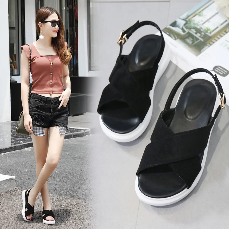 

Pearl Sandals Women's College Style 2018 Summer Thick Bottomed Platform Heel Peep-Toe Semi-high Heeled Rocking Shoes Suede Casua