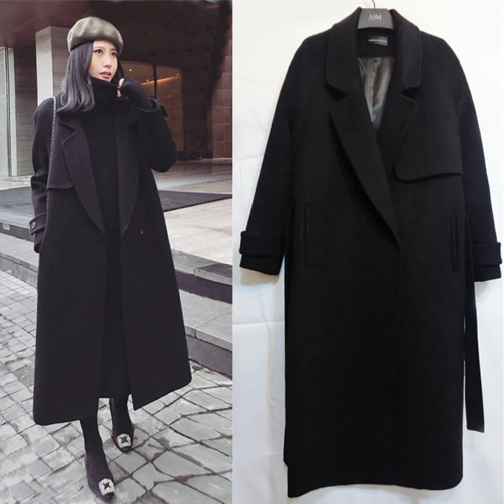 

Korean Coat Winter Women Cashmere Wool Jacket 2019 New Fashion Long Loose Woolen Coat Black Slim Long-sleeved Woolen Outerwear