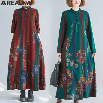 

winter Women Dresses Plus Size noble Fashion Striped floral long dress Thick Long Sleeve Vintage party maxi dress robe femme