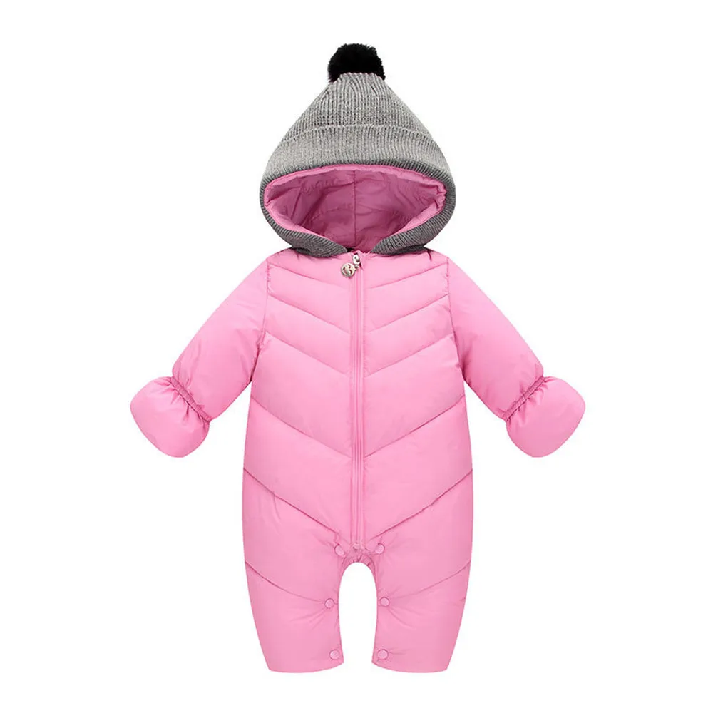 Одежда для маленьких мальчиков и девочек; зимние комбинезоны с капюшоном для новорожденных; одежда из плотного хлопка; комбинезон; Детский костюм; комбинезон для малышей - Цвет: Pink