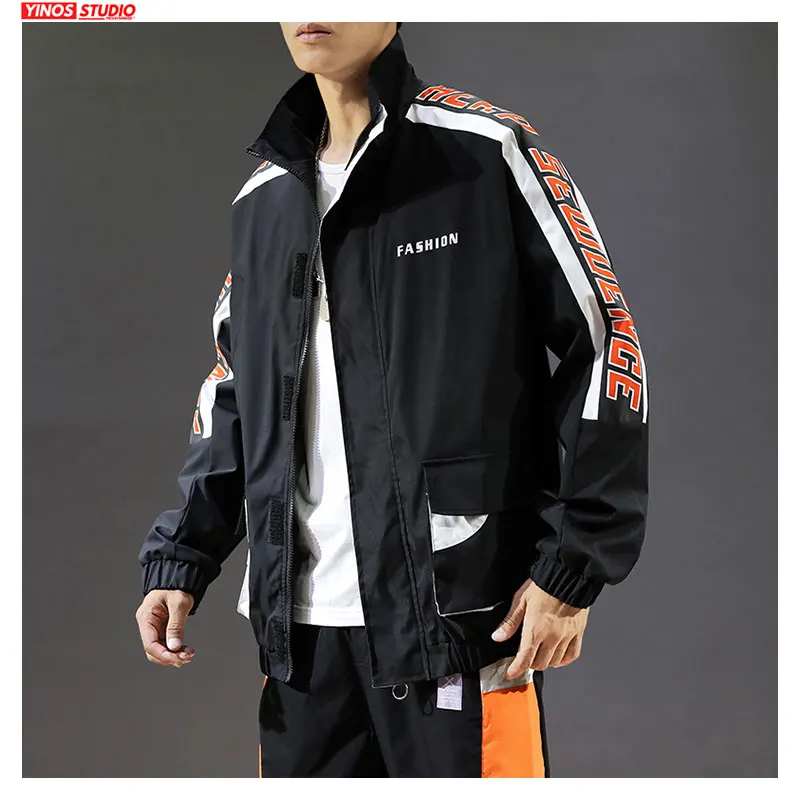Дропшиппинг осенние мужские мешковатые спортивные топы уличная Лоскутная куртка японская мода повседневные пальто с высоким воротником