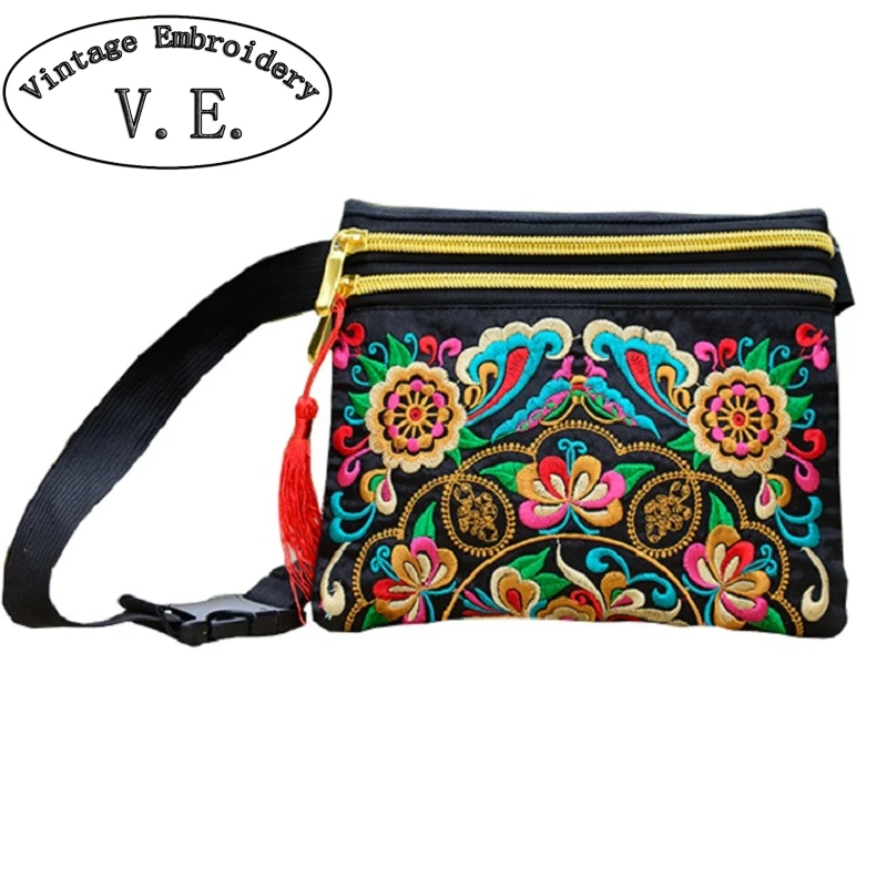 

Summer Women Waist Bag National Flower Embroidered Bag Double Zipper Long Wallet Day Clutch Small Coins Bag Phone Handbag