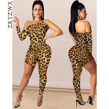 

ZKYZWX Sexy Leopard One Legged Playsuit Jumpsuit Women Fall Party Body Overalls One Shoulder Club Outfit Cheetah Bodycon Rompers