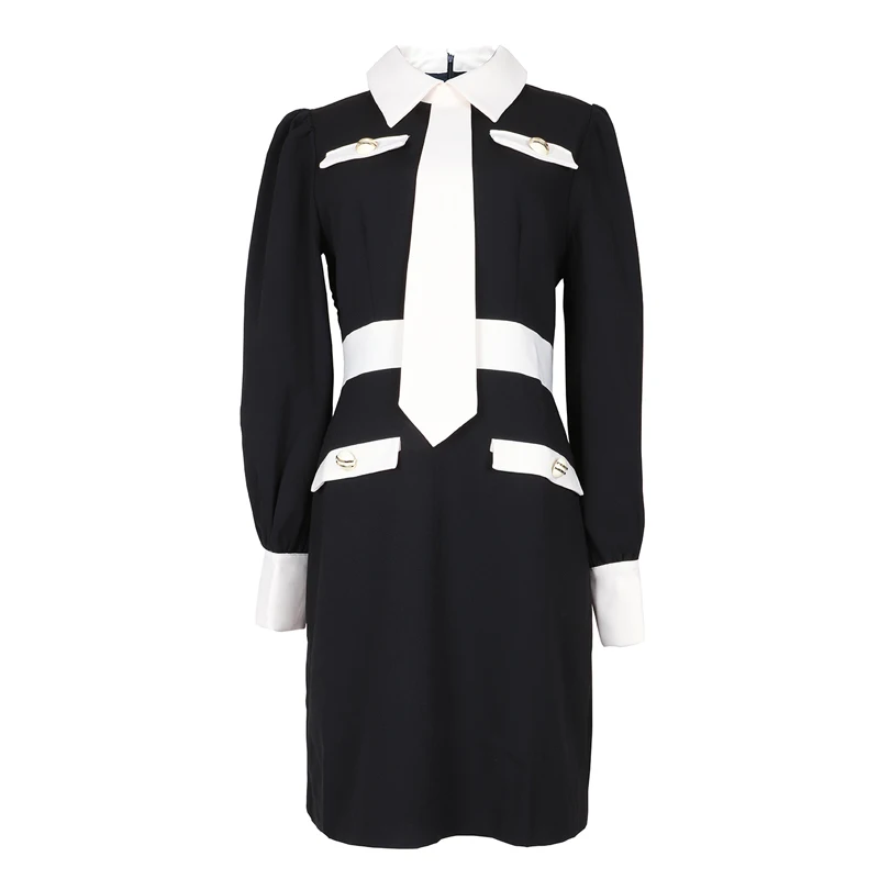 VERDEJULIAY Office Ladies Dress Fashion New Designer White Black Patchwork Long Sleeve Buttom Vintage Mini Dress Vestidos