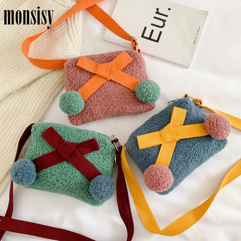 Monsisy/Зимний кошелек для девочек; Сумочка Для монет; Детский кошелек; мини-сумка для монет; милая шерстяная сумка с бантом; детская сумка для денег; детская сумка через плечо; кошельки