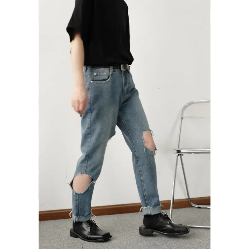 

Korean Style Ripped Jeans Men's Slim Fashion Retro Casual Straight Jeans Men Street Wild Hip-hop Hole Denim Trousers Mens M-2XL