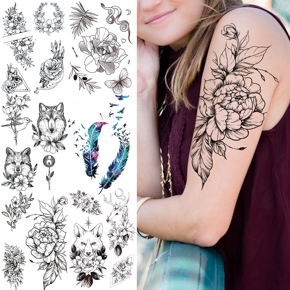 

Большой реалистичный цветок пиона, искусственная тату-наклейка для женщин, взрослые перья, волк, тату, олень, птица, временные татуировки «сделай сам», бедро