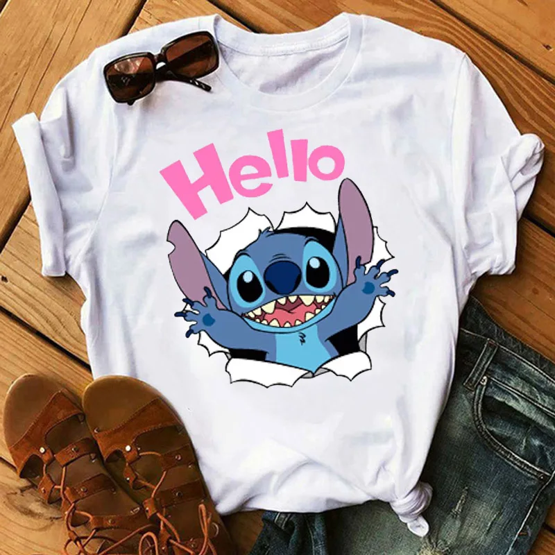 WT0412-White BONJEAN Lilo Stitch Harajuku Kawaii, женские футболки, модная футболка с милым мультяшным принтом, Женские повседневные топы, футболки - Цвет: WT0412-White