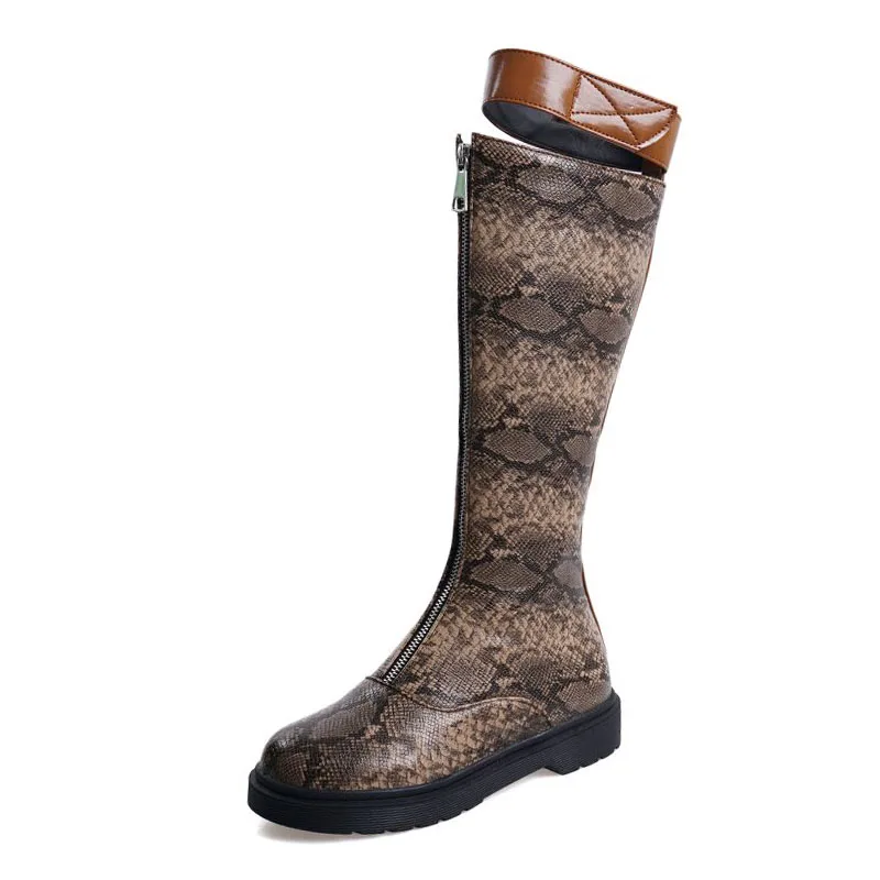 Coolcept British Style Women Knee High Boots Round Toe Zipper Flats Shoes Woman Long Boots Winter Warm Women Footwear Size 34-43 - Цвет: Коричневый