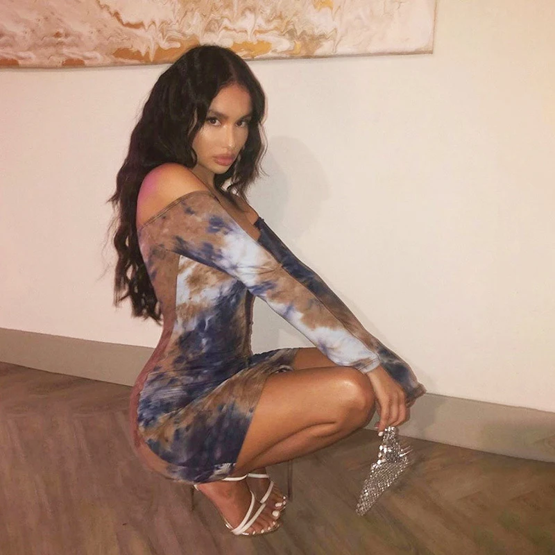 Club Dress Elegant Women Print Bodycon Mini Dress Long Sleeve Ladies Dresses Evening Party Off Shoulder Dress Clubwear Vestitos